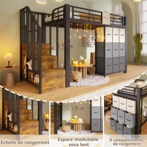 Metallist narivoodi sahtlite ja riidepuuga 90x200 cm | E-pood Tootemaailm Pildil on metallist narivoodi mõõtmetega 90x200 cm, millel on sisseehitatud sahtlid ja riidepuu, modernne disain musta raami ja puitjate elementidega. Voodi all on mugav laste mänguala, mida valgustavad dekoratiivsed tuled. Taustal paistavad õrnad valgust varjava materjali aknakatted ning hele tapeet, mis loob avara ja kaasaegse interjööri.