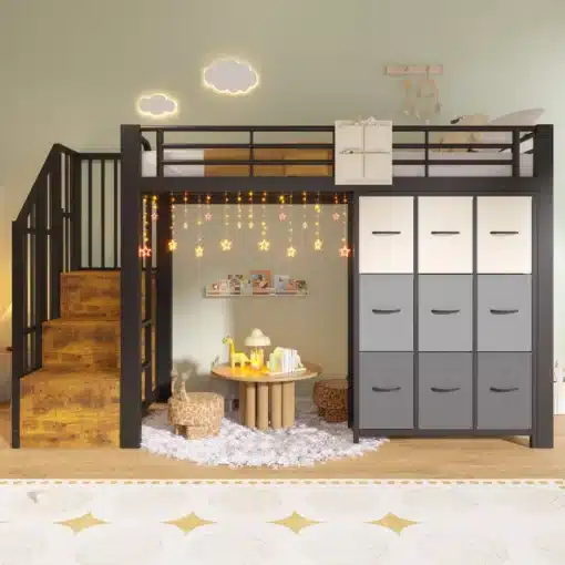 Metallist narivoodi sahtlite ja riidepuuga 90x200 cm | E-pood Tootemaailm Metallist narivoodi sahtlite ja riidepuuga 90x200 cm, musta raamiga, puidust astmestikuga, minimalistliku disainiga lastetoas heledal taustal.