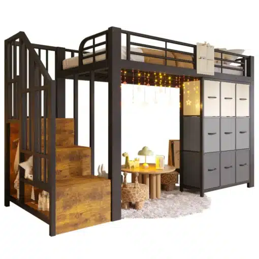 Metallist narivoodi sahtlite ja riidepuuga 90x200 cm | E-pood Tootemaailm Metallist narivoodi sahtlite ja riidepuuga, mõõtmetes 90x200 cm, musta värvi, puidust trepiastmetega, toakeskkonnas vaipade ja mänguasjadega.