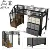 Metallist narivoodi sahtlite ja riidepuuga 90x200 cm | E-pood Tootemaailm Metallist narivoodi sahtlite ja riidepuuga 90x200 cm, must metallkarkass, puidust astmed ja eemaldatavad hoiukastid halli ja beežiga, valge seina taustal.
