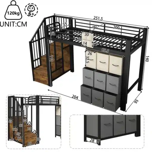 Metallist narivoodi sahtlite ja riidepuuga 90x200 cm | E-pood Tootemaailm Metallist narivoodi sahtlite ja riidepuuga 90x200 cm, must metallkarkass, puidust astmed ja eemaldatavad hoiukastid halli ja beežiga, valge seina taustal.