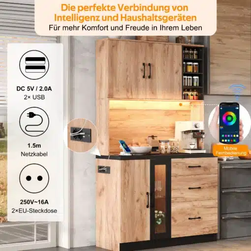 Kõrge köögikapp LED valgustusega, must, reguleeritav | E-pood Tootemaailm Kõrge köögikapp must LED-valgustuse ja reguleeritavate riiulitega modernses köögikeskkonnas. Kapp on valmistatud naturaalsest puidust viimistlusega, esipaneelil mustad detailid ning LED-riba kaunistamas sisemust. Nutitelefoni abil juhitav LED-valgustus lisab köögile stiili ja praktilisust.