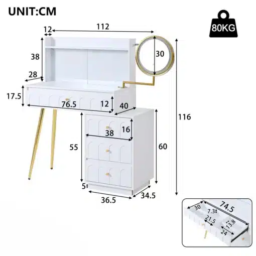 Tualettlaud LED peegli ja klaasliugustega, 4 sahtlit | E-pood Tootemaailm Valge tualettlaud LED peegli ja klaasliugustega, mõõtmetega 112x116 cm, nelja sahtliga ja kullatooni detailidega.