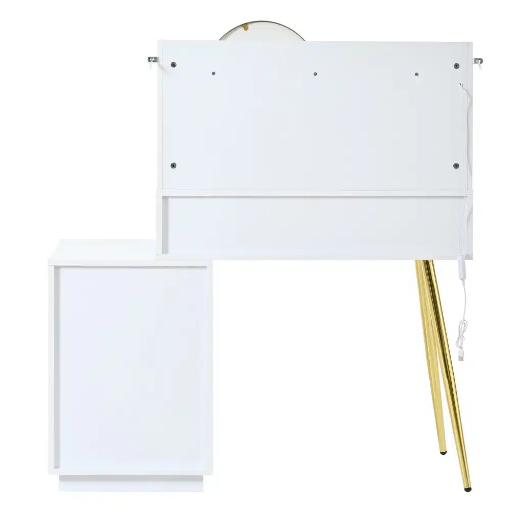 Valge tualettlaud LED peegliga, millel on klaasliuguksed ja neli sahtlit, paiknedes elegantsetel kuldsetel metalljalgadel.