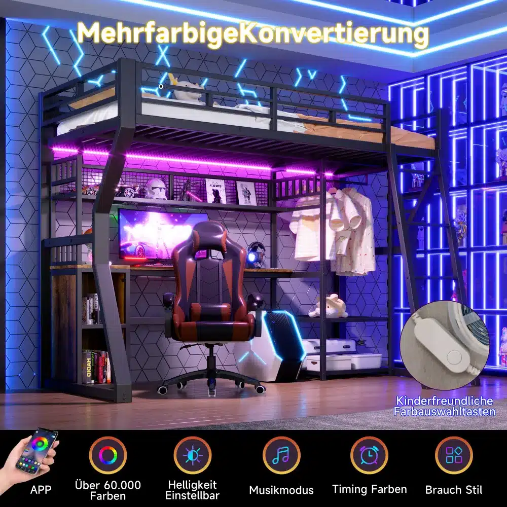 Mitmevärvilise LED-valgustusega lastetoa kõrge voodi, mille all on kirjutuslaud ja mängutool. Voodi raam on tugevatest mustadest metalltorudest ning selle kõrval on stiilne voodiredel. Taustal on moodsad geomeetrilised mustrid ja mitmevärviline valgus.