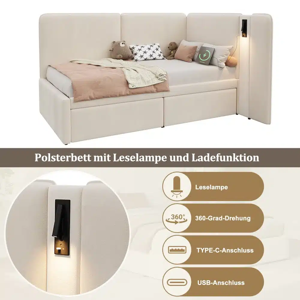 Beež päevavoodi sametist, mugavalt kuhjaga patjadega. Voodi küljes on lugemislamp ja USB-pesa, luues hubase ja multifunktsionaalse ruumi. Taustal neutraalne sein, sobib hästi nii lastetoa kui magamistoa sisustuseks.