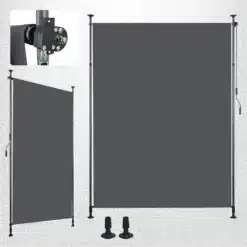 Terrassi vertikaalne markiis antratsiit, käsivändaga 150x270, metallist konstruktsioon koos halli kangaga, taustal neutraalne madala tekstuuriga pind, sisaldab kinnituselemente.