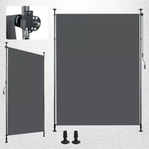 Terrassi vertikaalne markiis antratsiit, käsivändaga 150x270, metallist konstruktsioon koos halli kangaga, taustal neutraalne madala tekstuuriga pind, sisaldab kinnituselemente.