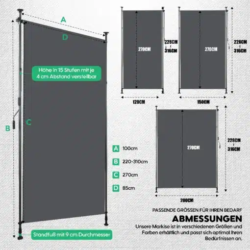 Terrassi vertikaalne markiis antratsiit, käsivändaga 150x270 | E-pood Tootemaailm Terrassi vertikaalne markiis antratsiit, käsivändaga 150x270, paigaldatud, näitab kõrguse reguleeritavust 15 sammus. Tugev, antratsiitvärvi tekstiil, metallkarkass ja käsivända mehhanism, valge taustaga.
