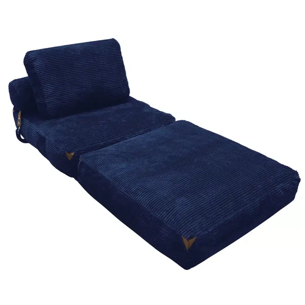 Sinine lahtikäiv tugitool - voodi, elegantne velvet materjal ja tänapäevane disain, sobib ideaalselt elutuppa.