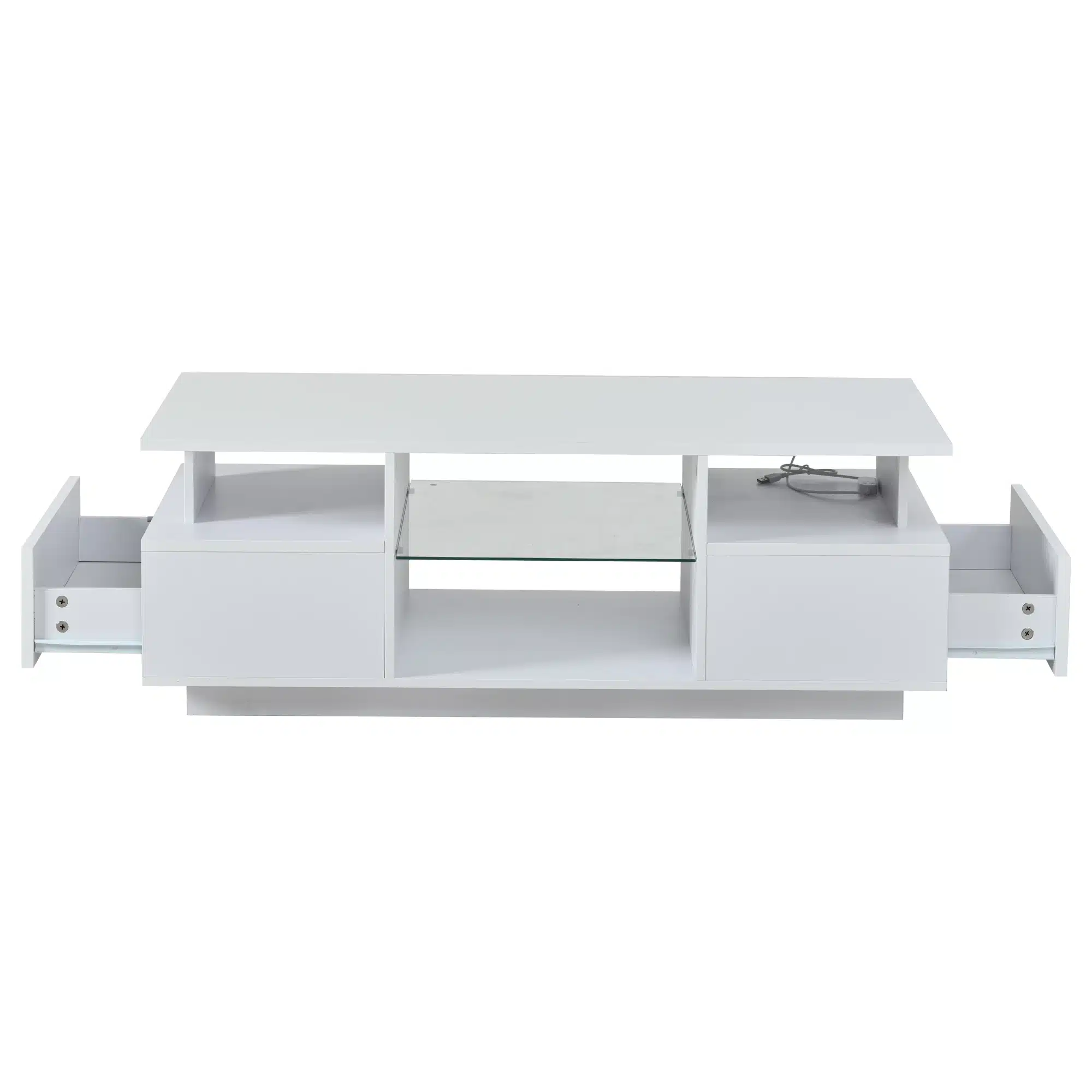 Valge diivanilaud LED-valgustusega, kõrgläike viimistluse ja kahe avatud sahtliga. Laud on minimalistlikus stiilis, taustal hele sein.