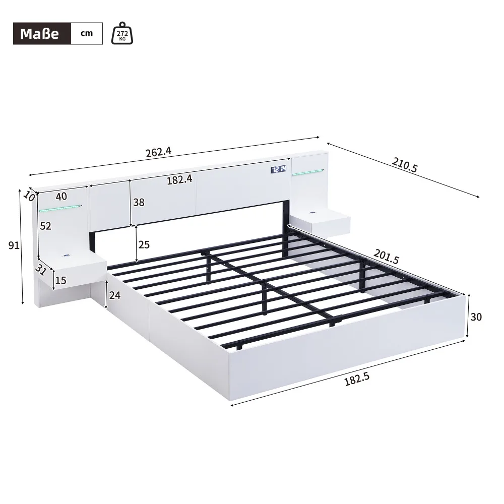 Kaheinimesevoodi kõlaritega, öökappide ja LED valgustusega, mõõtudega 180x200, valge raam ja mustad metallribid taustal.
