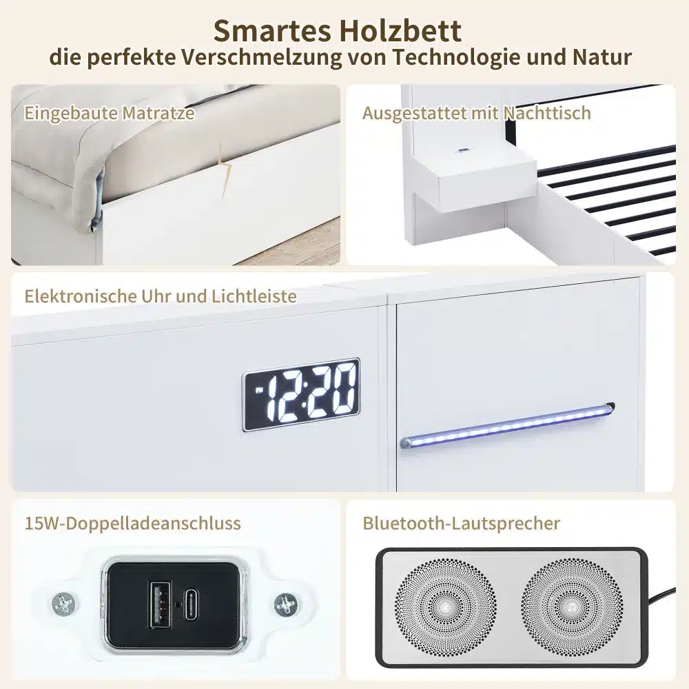 Valge kaheinimesevoodi mõõtudega 180x200, integreeritud kõlarite, LED valgustuse, USB laadimisjaama ja öökapiga. Voodi disain sisaldab ka digitaalset kella.