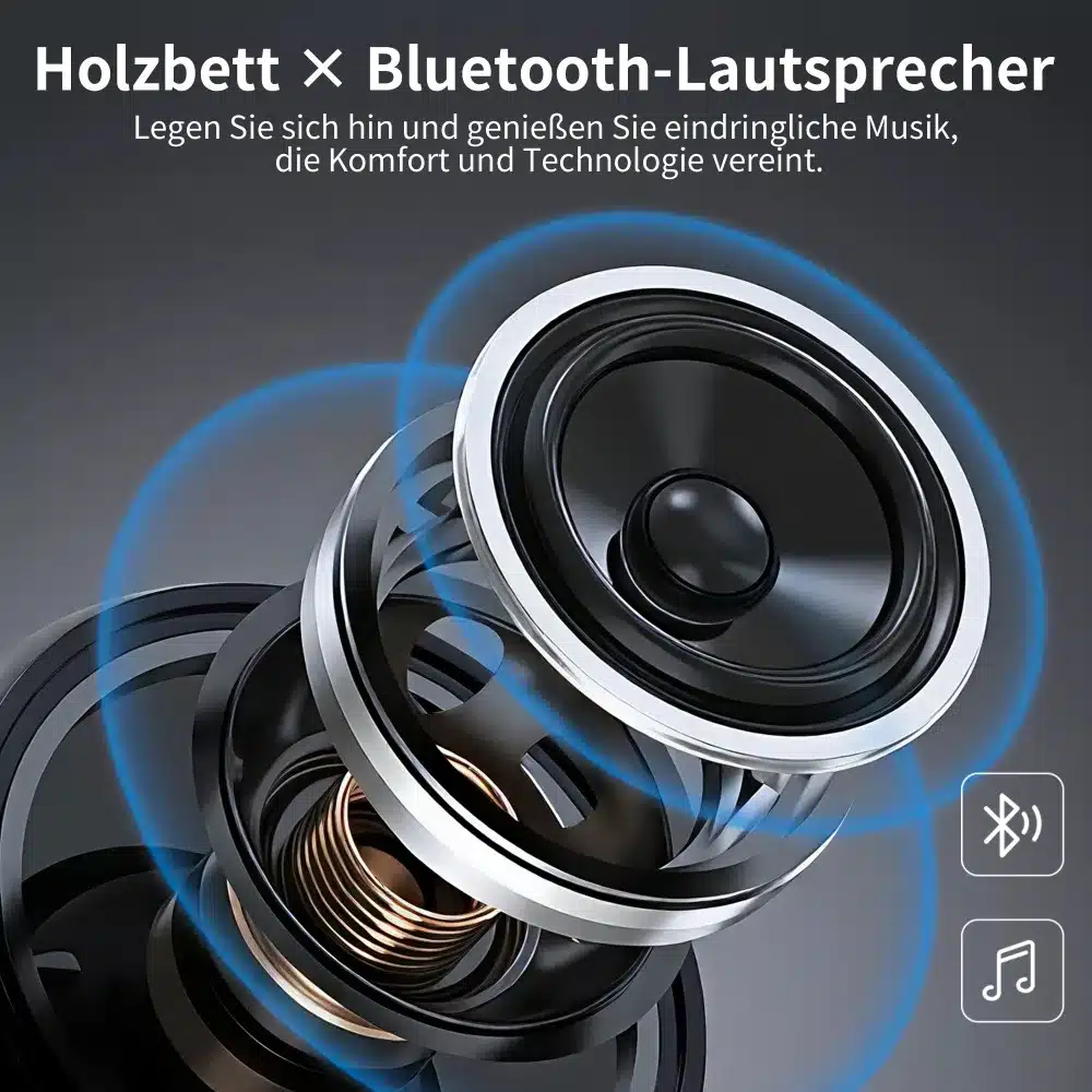 Kõrvalvaade kaheinimesevoodi Bluetooth-kõlarist, mis on integreeritud voodi struktuuri. Kõlar musta ja hõbeda tooni detailidega, voodi taustal puidust aktsendid.