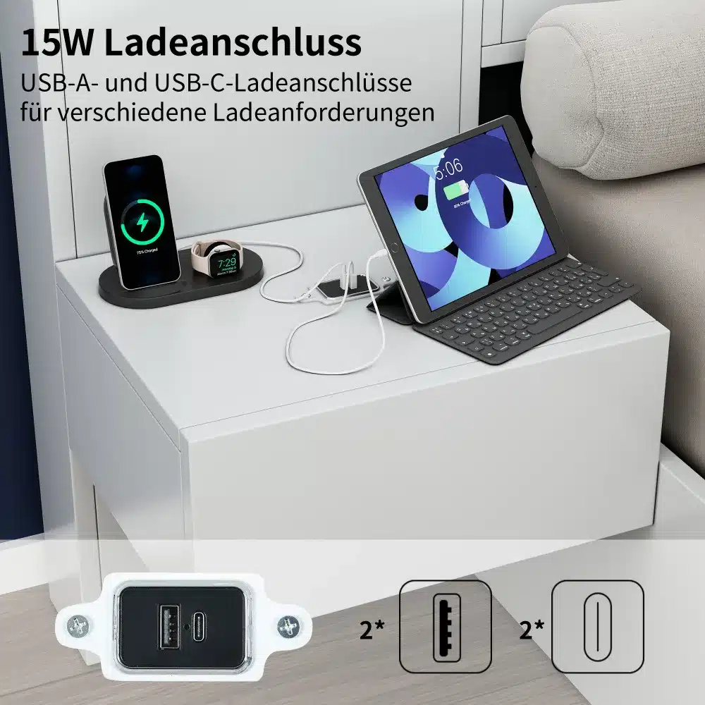 Stiilne valge öökapp ja sellele asetatud tahvelarvuti, nutitelefon ja nutikell laadimas. Öökapil on integreeritud USB-A ja USB-C laadimisjaam, olles osa Kaheinimesevoodi kõlarite, öökappide ja LED valgustusega 180x200 komplektist.