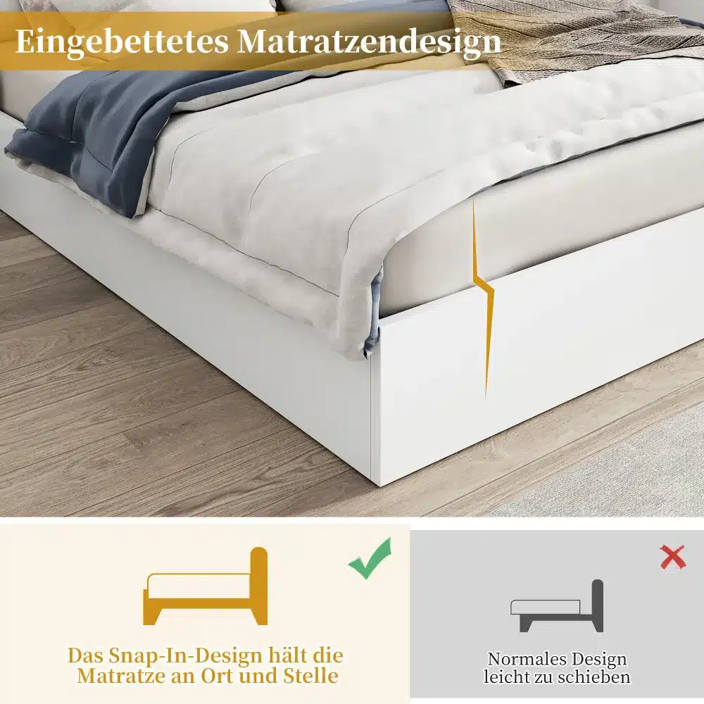 Pilt näitab Kaheinimesevoodi kõlarite, öökappide ja LED valgustusega 180x200 voodi detailset disaini, millel on valge raam, sisseehitatud madrats ja pehmed tekstiilid. Voodi asub puitpõrandal.