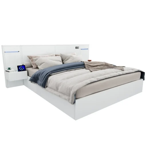 Voodi USB-pordiga ja LED-valgustusega 160x200 valge | E-pood Tootemaailm Kaheinimesevoodi kõlaritega ja LED valgustusega, suuruses 180x200, valget värvi, platvormvoodi disain, voodipeatsil integreeritud kõlarid, LED tuled ja öökapp, pehme hall voodipesu, tänapäevane stiil, mugav magamisasend.