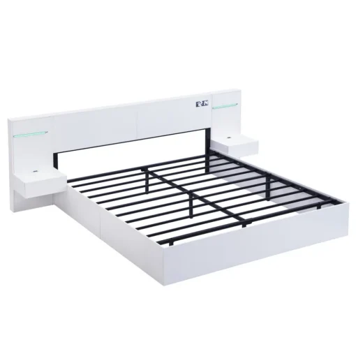 Voodi USB-pordiga ja LED-valgustusega 160x200 valge | E-pood Tootemaailm Valge kaheinimesevoodi kõlaritega ja LED valgustusega, mõõtmetega 180x200, metallist raamiga ja minimalistliku disainiga ruumis.