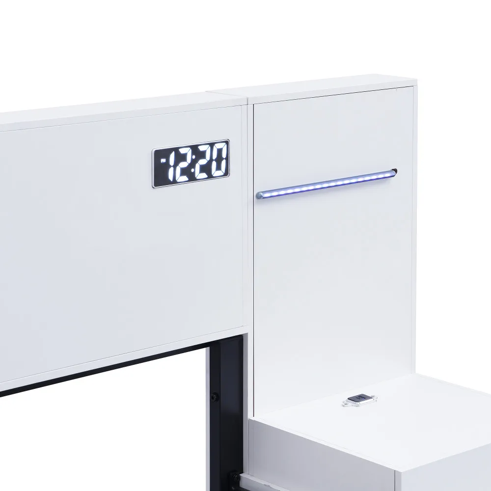 Valge öökapp, mis on osa Kaheinimesevoodist kõlarite ja LED valgustusega 180x200, digitaalkella ja modernse disainiga.