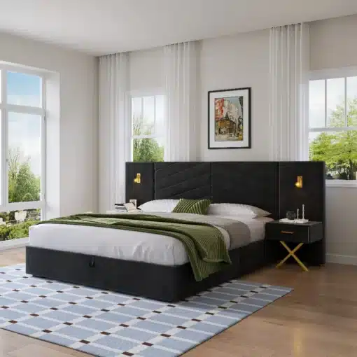 Kvaliteetne voodi LED valgustite ja panipaigaga | E-pood Tootemaailm Stiilne ja moodne kvaliteetne voodi LED valgustite ja panipaigaga, musta värvi raamiga ning pehme voodikattega, elegantsete akendega magamistoa taustal.