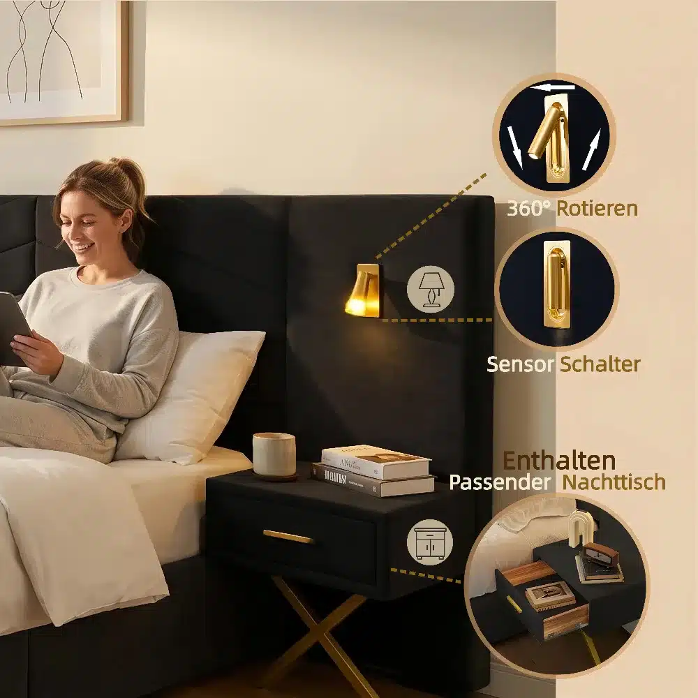 Naine naeratab ja loeb voodis istudes, mille peatsil on elegantne musta värvi kvaliteetne voodi LED valgustite ja panipaigaga. Valgustit saab pöörata 360 kraadi ja seda juhib sensorlüliti.
