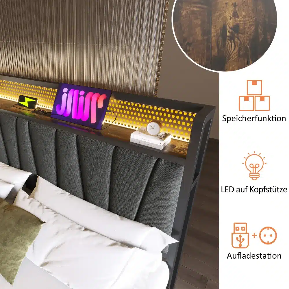 Hall pesukastiga voodi koos LED-valgustusega peatoel; detailid nagu USB-laadija ja stiilsed mustad detailid taustal.