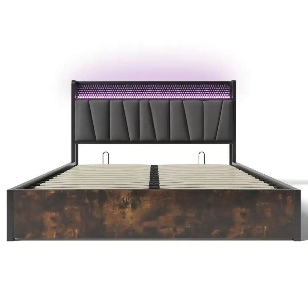 Pesukastiga voodi LED-valgustusega ja USB-laadijaga 160x200 hall, halli värvi peatsiga ja tumedate puidumustriliste detailidega, millel on sisse ehitatud LED-valgustus pehme taustavalgusega.