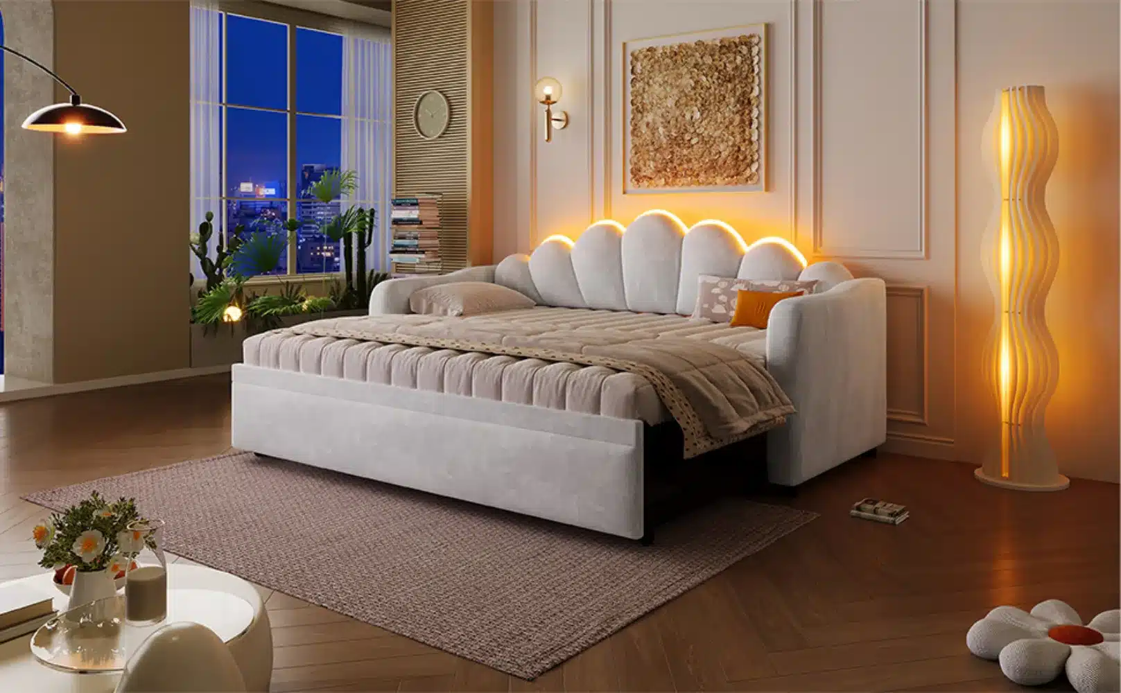 Polsterdatud lahtikäiv voodi LED-valgustusega 90x200 cm valgusküllases toas. Voodi on kaetud heleda kangaga ja raamitud pehmete kaartega, mis on taustvalgustatud õhulise LED-valgustusega. Ümbruses on soojades toonides sisustus ja avarad aknad vaatega linnale.