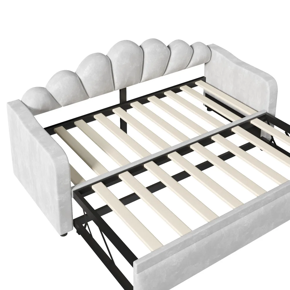 Polsterdatud lahtikäiv voodi LED-valgustusega 90x200 cm, halli värvi pehme peats, metallist raam ja lamellid, minimalistliku disainiga taustal.