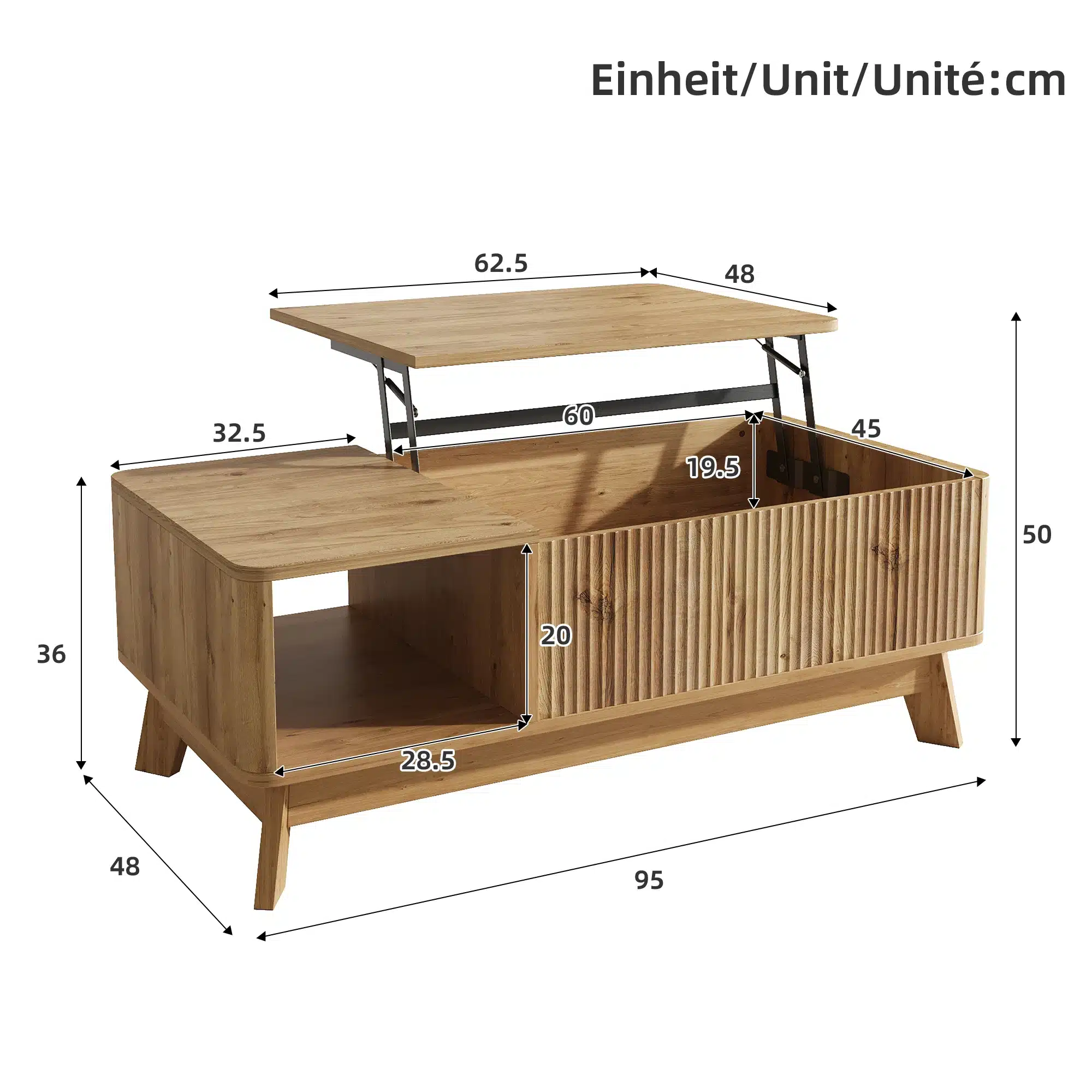 Diivanilaud MDF-ist tõstetava lauaplaadiga ja avatud riiuliga, puitmaterjali väljanägemisega, mõõdud 95x48x50 cm, näha detailimõõtudega.