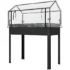 Tõstetud istutuskast kasvuhoonekaanega, must 100x48x124 cm | E-pood Tootemaailm Tõstetud istutuskast kasvuhoonekaanega, musta värvi metallraam, mõõtmetega 100x48x124 cm, millel on läbipaistev katusekupp, pildistatud valgel taustal.