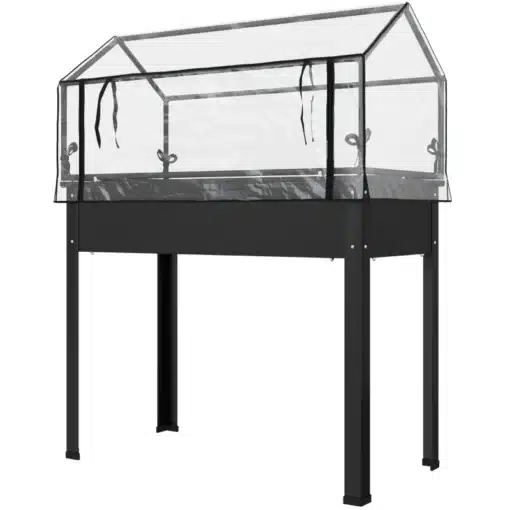 Tõstetud istutuskast kasvuhoonekaanega, must 100x48x124 cm | E-pood Tootemaailm Tõstetud istutuskast kasvuhoonekaanega, musta värvi metallraam, mõõtmetega 100x48x124 cm, millel on läbipaistev katusekupp, pildistatud valgel taustal.