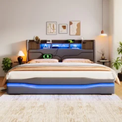 Stiilne polsterdatud voodi panipaigaga suuruses 180x200 cm, varustatud integreeritud LED-valgustite ja USB-C laadimispunktiga. Voodi on elegantse halli värviga ning sobib ideaalselt kaasaegsesse magamistuppa, pakkudes nii meeleoluvalgustust kui ka nutikaid hoiustamisvõimalusi.