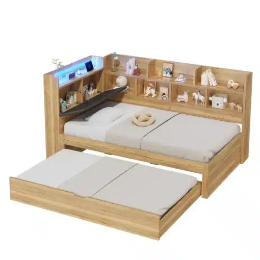Naturaalsest puidust lastetoa voodi LED-valgustus, riiulid, usb | E-pood Tootemaailm Naturaalsest puidust lastetoa voodi varustatud LED-valgustuse, praktiliste riiulite ja usb-pesaga. Elegantselt viimistletud puitraam, mille pealetõmmatav madrats muudab ruumiotstarvet praktilisemaks.