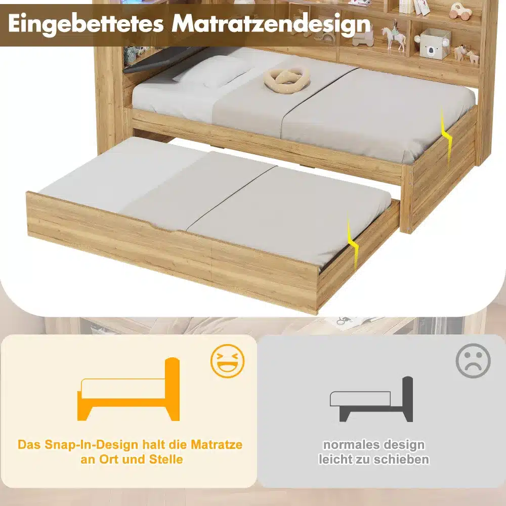 Naturaalsest puidust lastetoa voodi koos sisseehitatud LED-valgustusega ja praktiliste riiulitega. Voodi on varustatud USB-pesadega. Voodi esiplaanil on näha eemaldatav madrats.