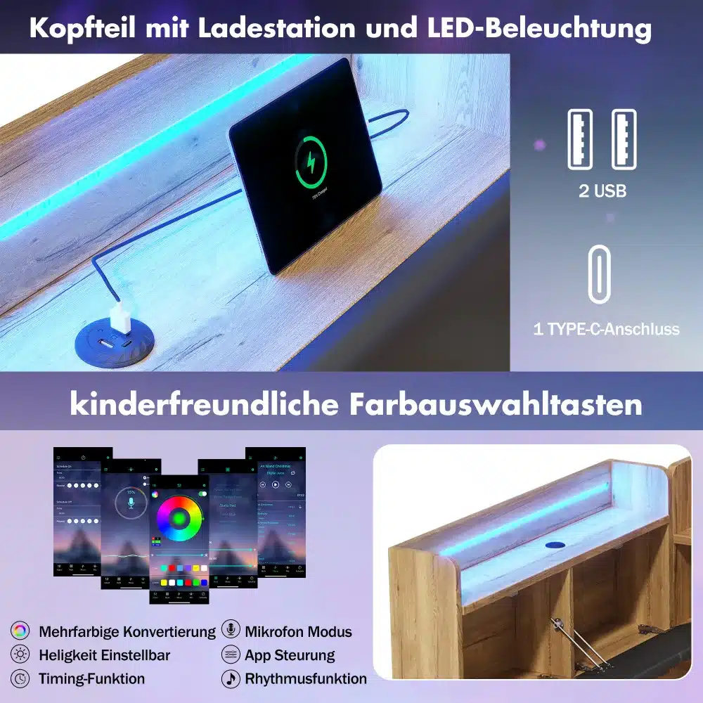 Naturaalsest puidust lastetoa voodi peats LED-valgustusega ja sisseehitatud USB laadimisjaamaga. Voodi taustal sinine LED-valgus, esiplaanil USB ja Type-C ühenduspesa.