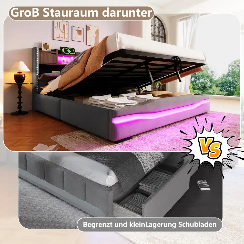 Polsterdatud voodi panipaigaga, mõõtmetega 180x200, kus voodialune hoiuruum tõstetud. Voodi on halli värvi, varustatud LED-valgustuse ja USB-C pesadega, asetatud heledale puidust põrandale, toas on kaasaegne sisustus.
