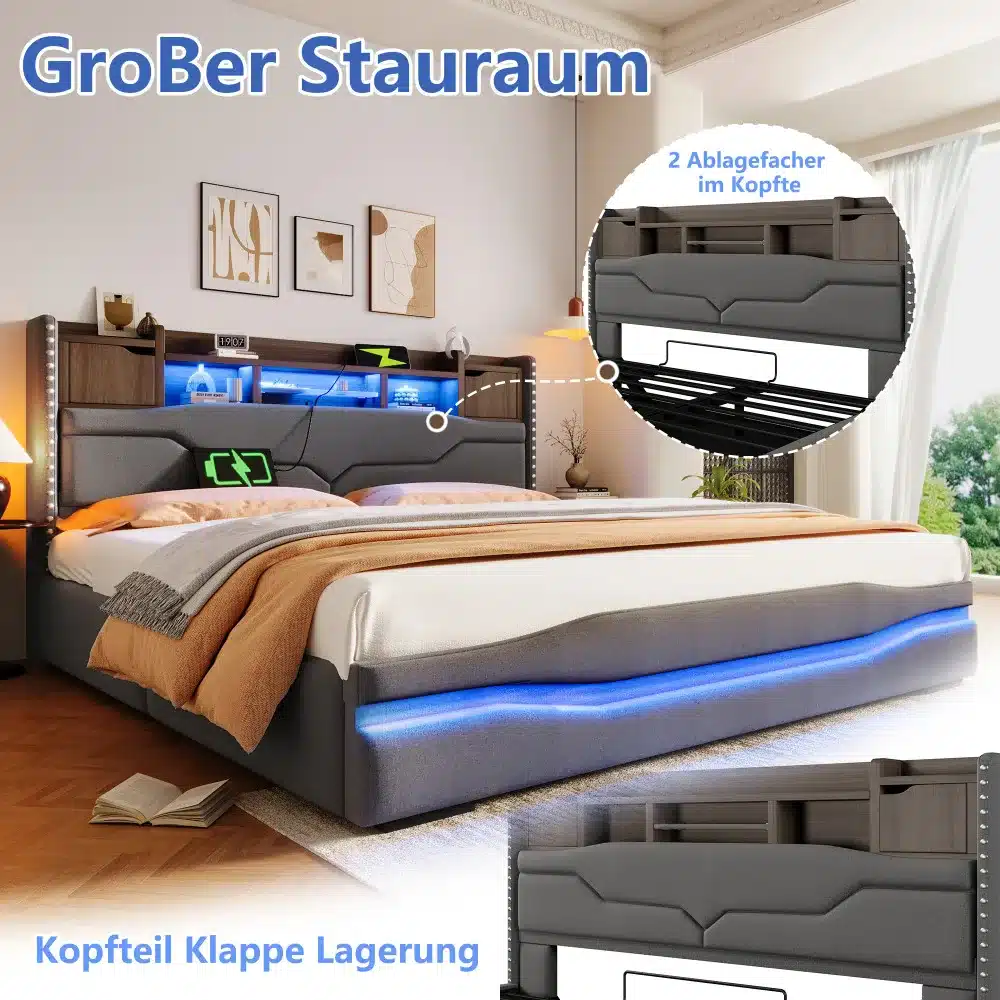 Stiilne polsterdatud voodi panipaigaga 180x200 LED ja USB-C hästi organiseeritud magamistoas. Voodi on halli tooni, pehme polsterdusega ning sellel on integreeritud LED-valgustus ja USB-C port. Lisaks sisaldab voodi praktilist panipaika peatsi osas, mis sobib raamatute või elektroonikaseadmete hoiustamiseks. Toa seinu kaunistavad kunstipildid, lisades modernset vibe'i.