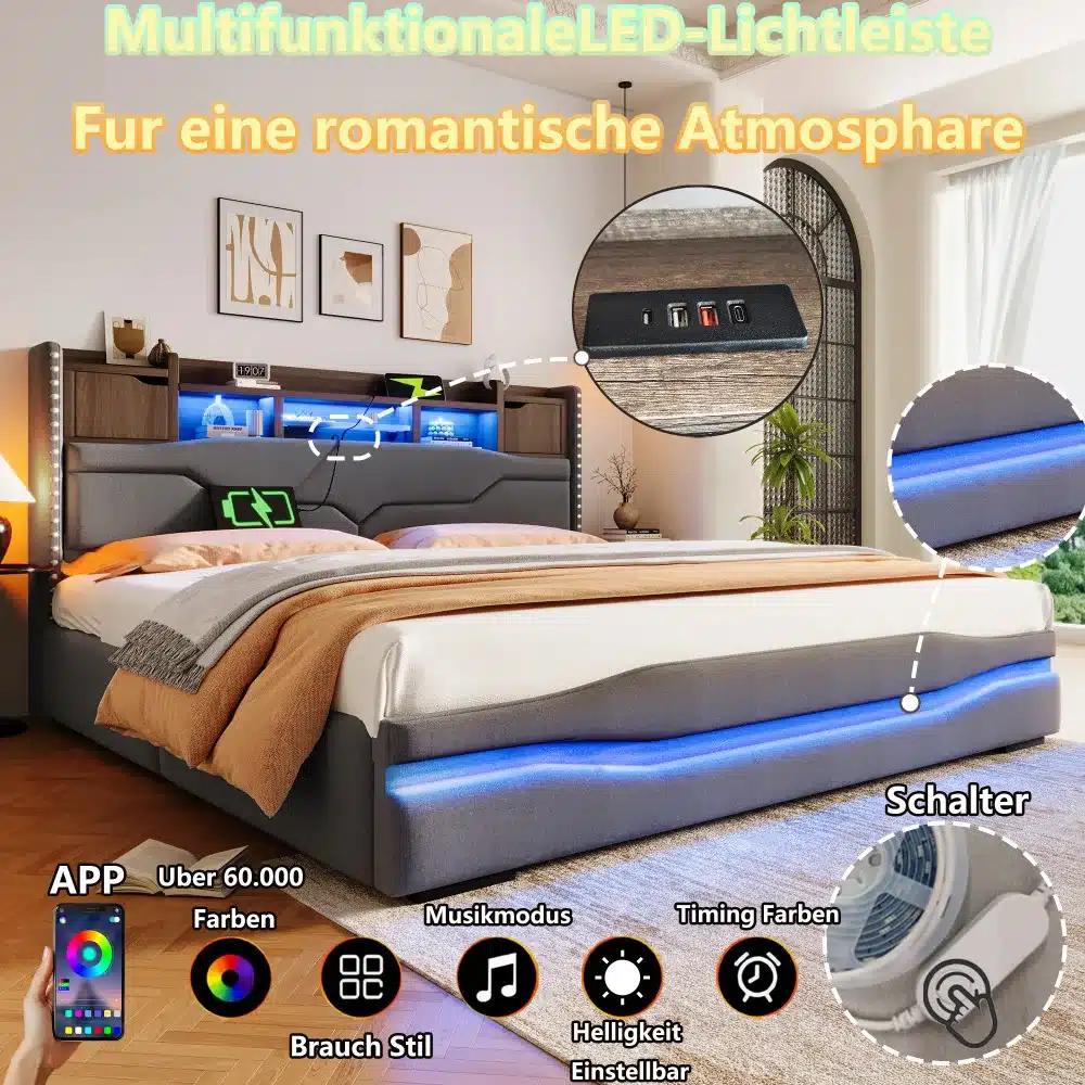 Stiilne polsterdatud voodi panipaigaga 180x200 LED ja USB-C, halli värvi polster ja LED valgusribaga. Voodiotsas USB-C pordid, voodi all peidetud panipaik. Ruumis kaasaegne sisekujundus ja helge õhkkond.
