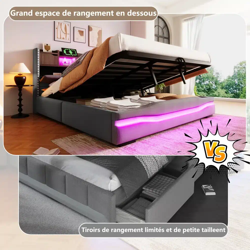 Stiilne polsterdatud voodi panipaigaga 180x200 koos LED valgusriba ja USB-C laadimispunktidega, avatud panipaigaga linapuudega naturaalses valgusküllases toas.