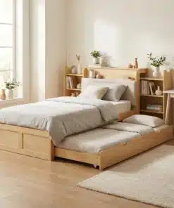 Beezide linadega kaetud voodi panipaigaga 90x200 cm, mille alla on väljatõmmatav lisaosa. Puitvoodi asub valges, valge vaibaga toas ning taustal on raamaturiiul ja aken, kust paistab loomulik valgus.