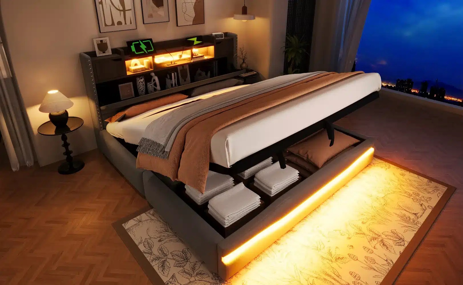 Stiilne polsterdatud voodi panipaigaga 180x200 LED ja USB-C, ümbruses loovalt dekoreeritud magamistuba, puitparkettpõrand ja LED-valgustusega sisseehitatud panipaik.