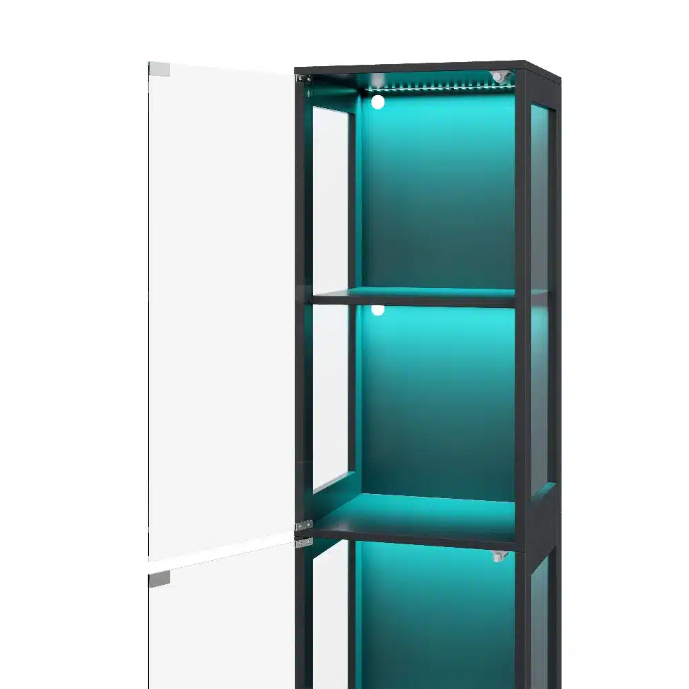 Stiilne vitriinkapp LED-valgustusega mustas raamistikus, karastatud klaasist uste ja riiulite ees, 170 cm kõrge.