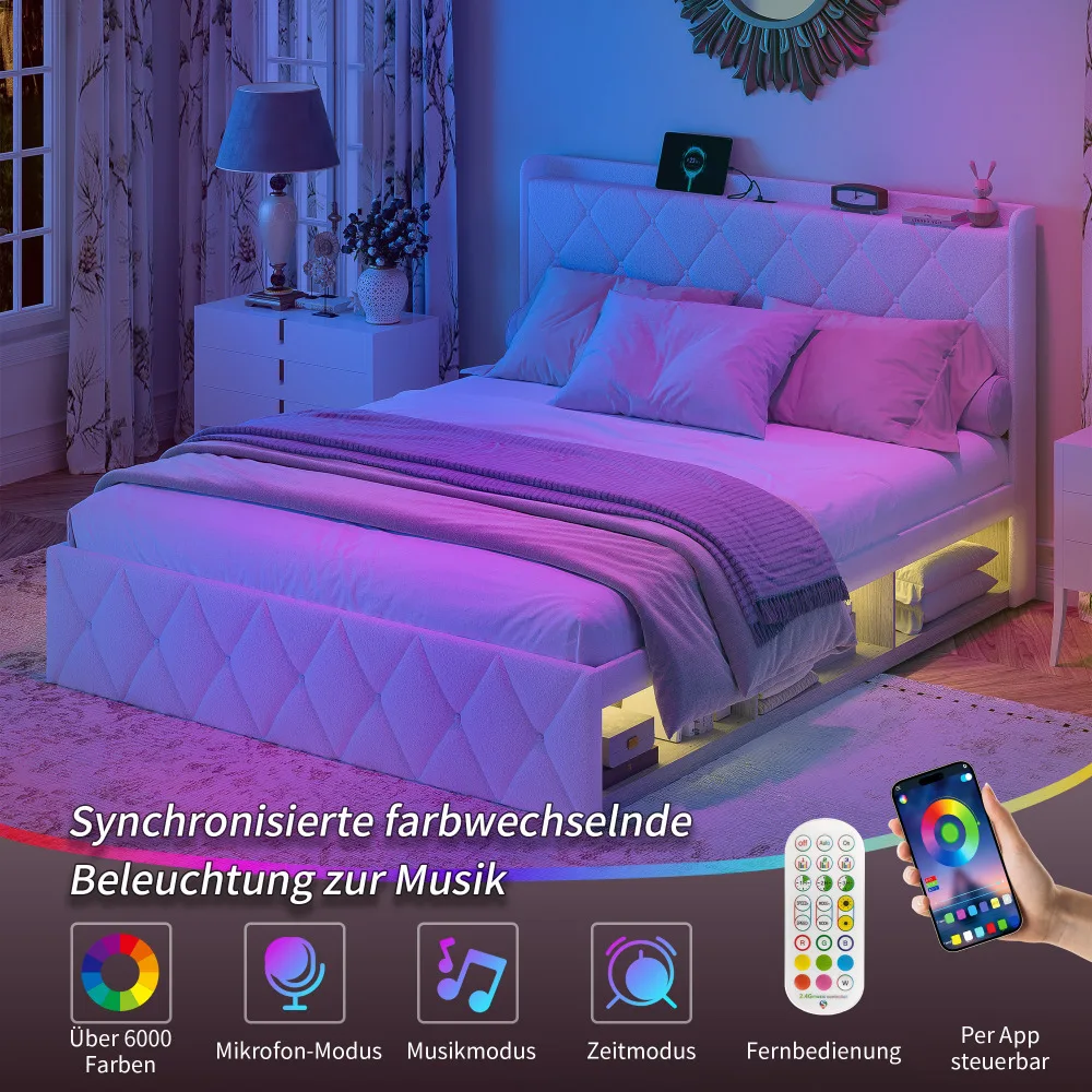 Stiilne panipaigaga voodi suuruses 140x200 cm, valge pehme peatsiga, kuus sahtlit ja integreeritud LED-valgustus. Voodi kujundus on kaasaegne, sobitudes ideaalselt valgusküllasesse magamistuppa, mille taustal on aknad ja kardinad. Lisaks USB laadimise võimalus mugavaks seadmete kasutamiseks voodis.