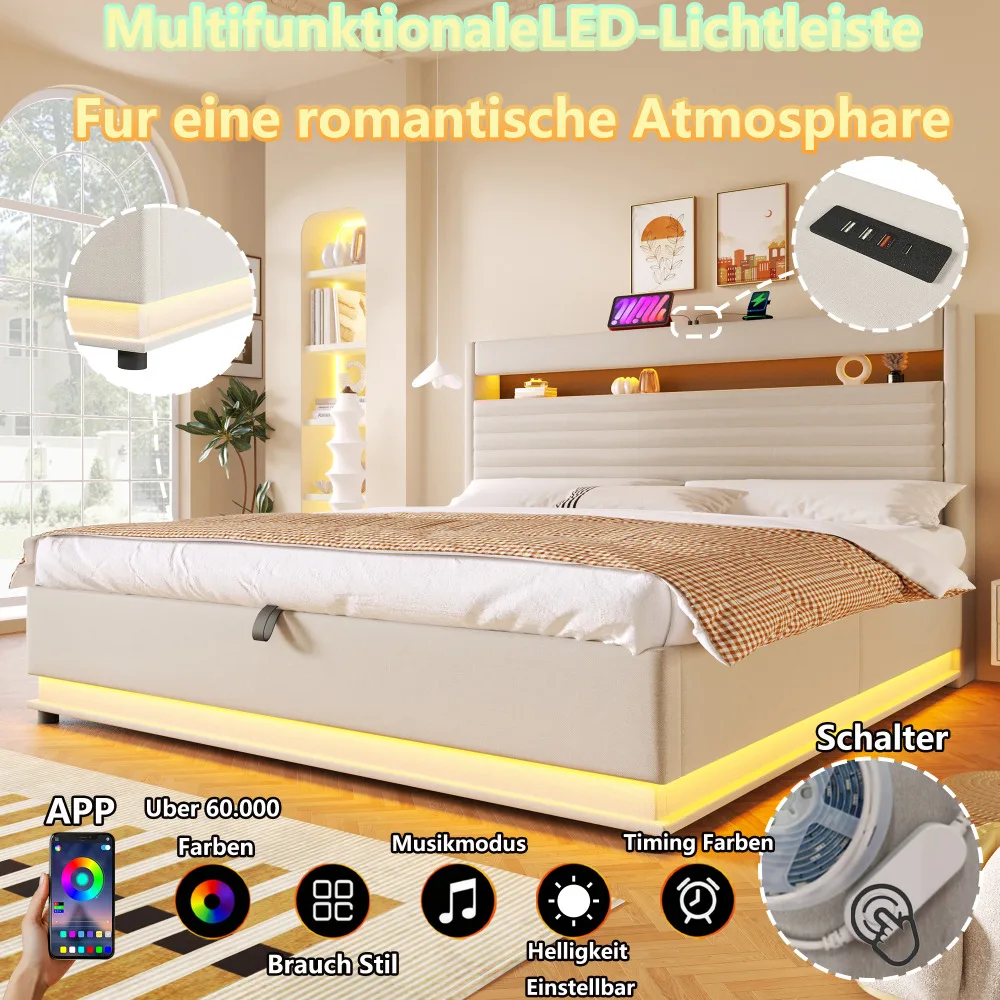 Õdusalt valgustatud polsterdatud voodi suurusega 180x200 cm, millel on LED valgusriba ja kaasaegne USB-C laadimisvõimalus. Voodi on valmistatud kvaliteetsest kangast beige toonis, sobitudes hubasesse magamistoa miljöösse.