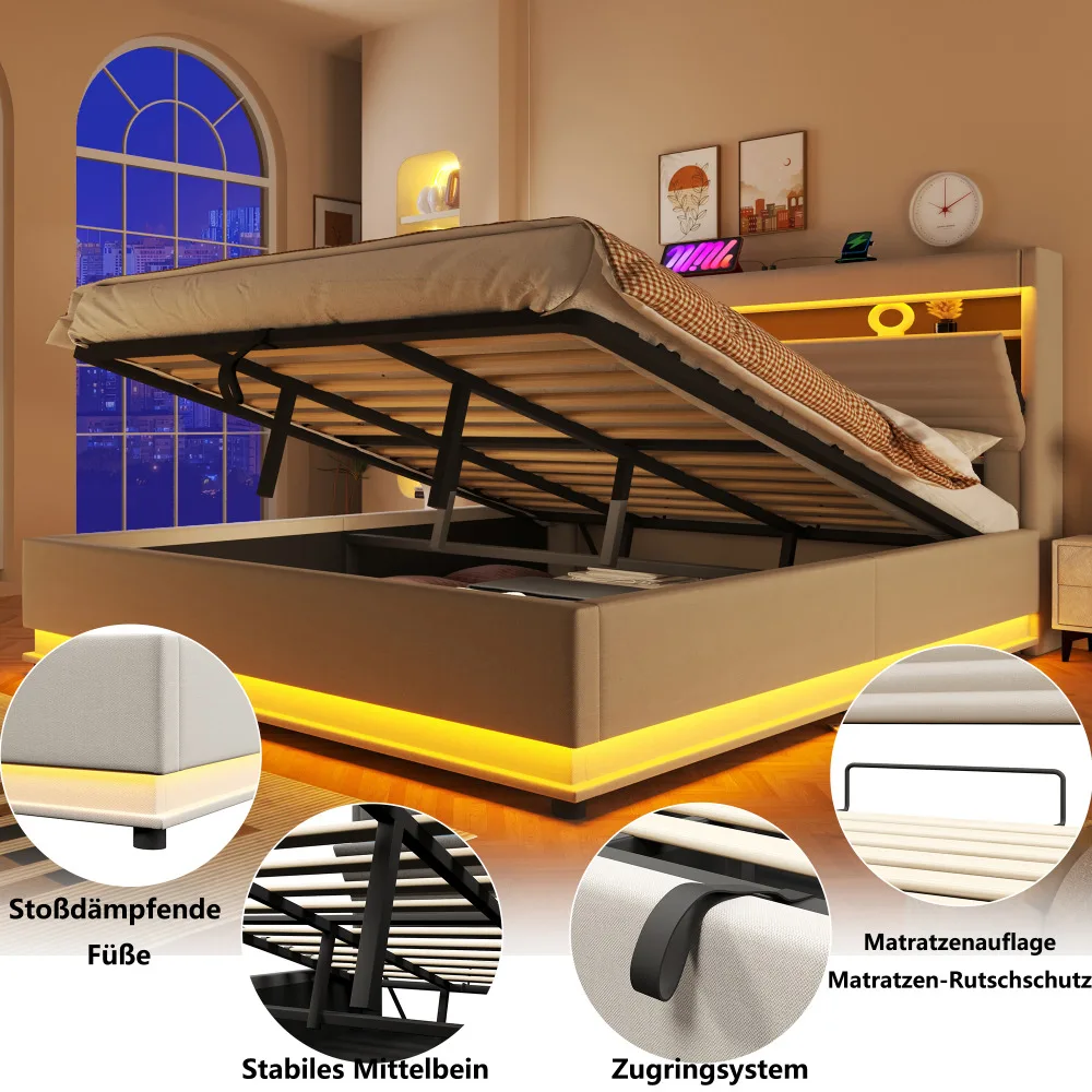 Stiilne polsterdatud voodi suurusega 180x200 cm, esiplaanil koos LED valgustuse ja USB-C laadimisvõimalusega. Voodi on avatud, paljastades all olevad hoiuruumid. Voodi asub kaasaegses magamistoas, mille taustal on soe valgustus ja dekoratiivsed elemendid seinal.