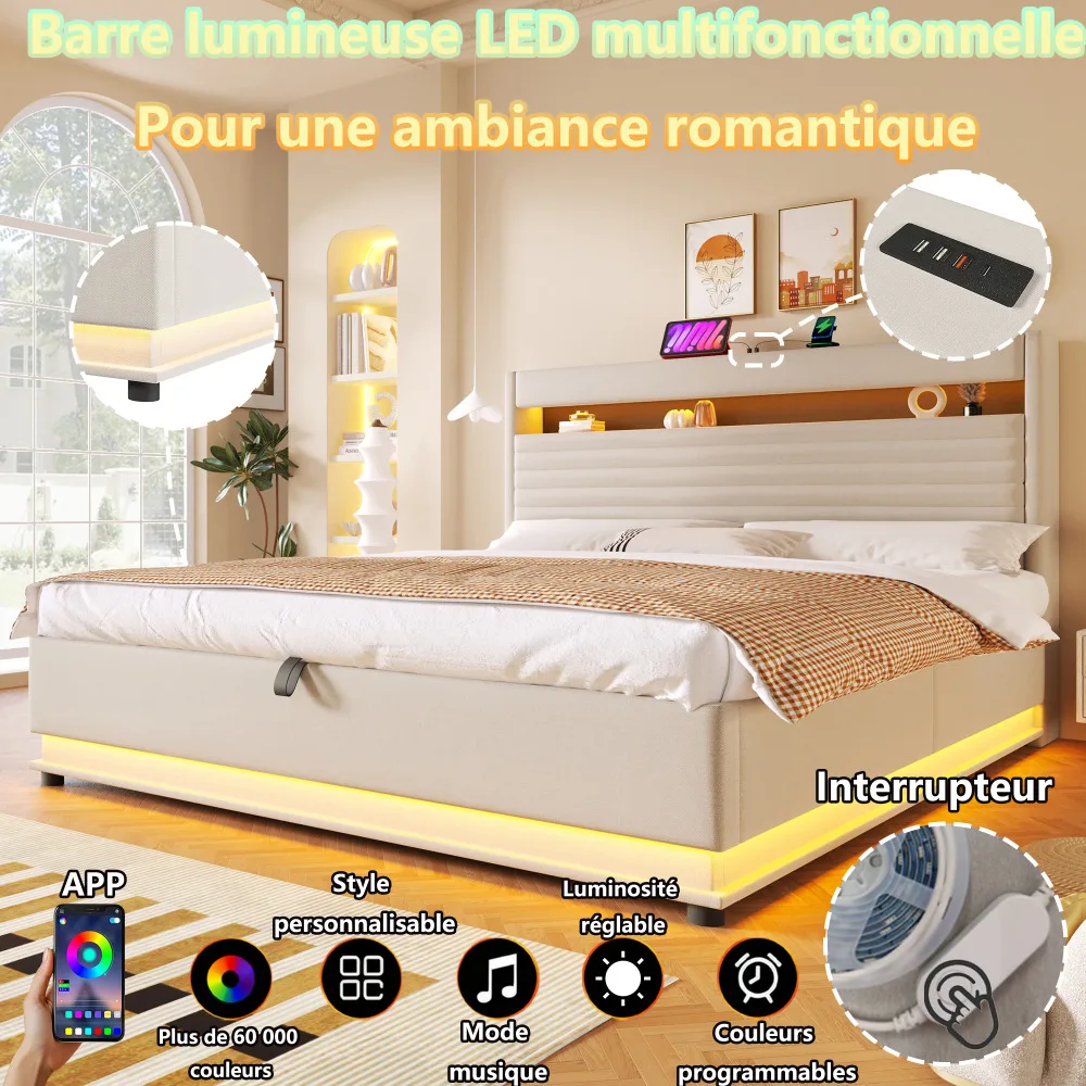 Valgusküllases magamistoas asuv polsterdatud voodi 180x200 cm koos sisseehitatud LED-valgustuse ja USB-C laadimispesaga, mis on paigutatud heledate seinte taustal.