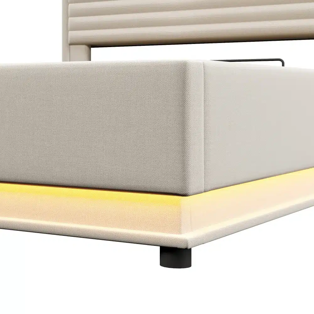 Bež polsterdatud voodi, 180x200 cm, LED valgustus voodi all ja USB-C laadimisvõimalusega küljeservas.