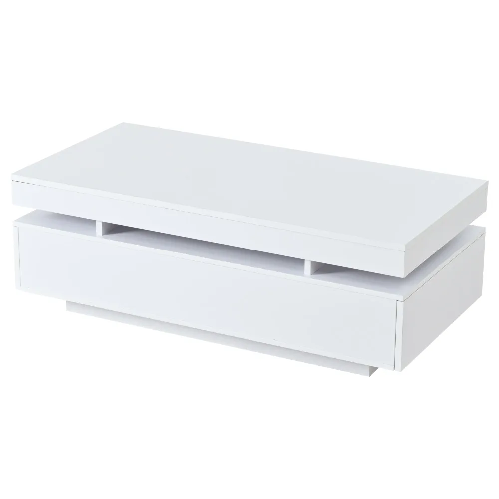 Valge kõrgläikega diivanilaud LED-valgustusega, kaks sahtlit allosas. Minimalistlik ja modernne disain, mis sobib hästi igasse elutuppa.