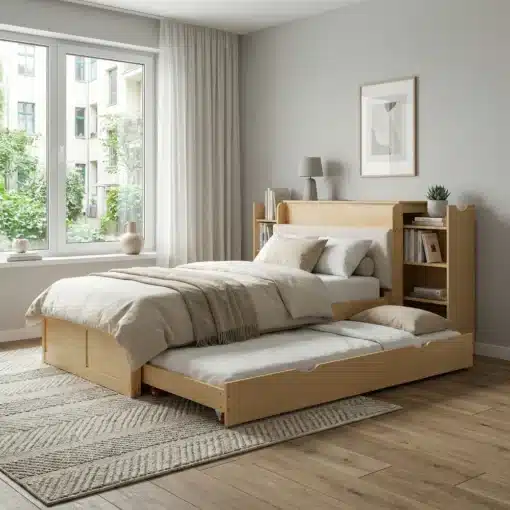 Voodi panipaigaga 90x200 cm, väljatõmmatav lisaosa | E-pood Tootemaailm Heledast puidust voodi panipaigaga 90x200 cm, millel on väljatõmmatav lisaosa. Voodi asub valgusküllases toas, mille tapeet on heledat värvi ning aknast paistavad rohelised puud. Voodi kõrval on praktiline raamaturiiul ja voodi ääre peal on ruumikad sahtlid.
